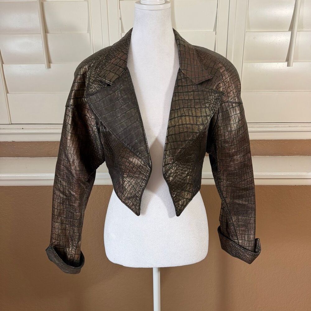 Vintage Phillip Noel Crocodile Embossed Leather Jacket Sz M Designer Cropped 80s